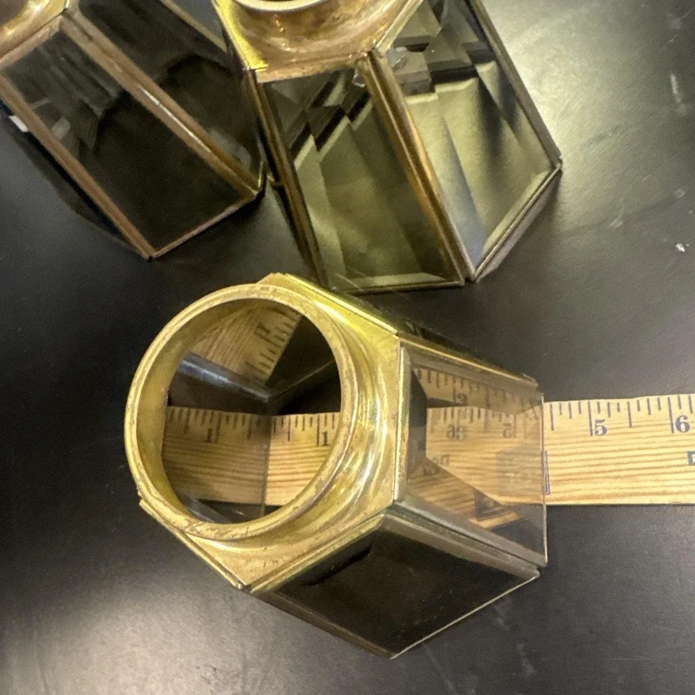 Vtg Brass 6 Panel Beveled Smokey Glass 4 Replacement Shades 4.75